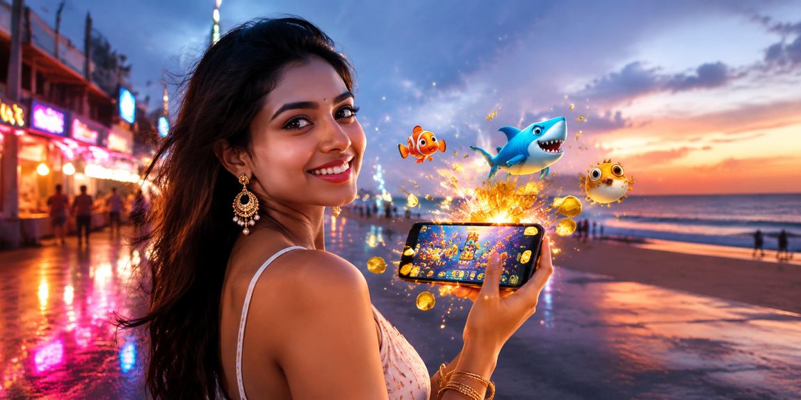 Colorful neon styled Andar Bahar game scene at Chennai Marina Beach