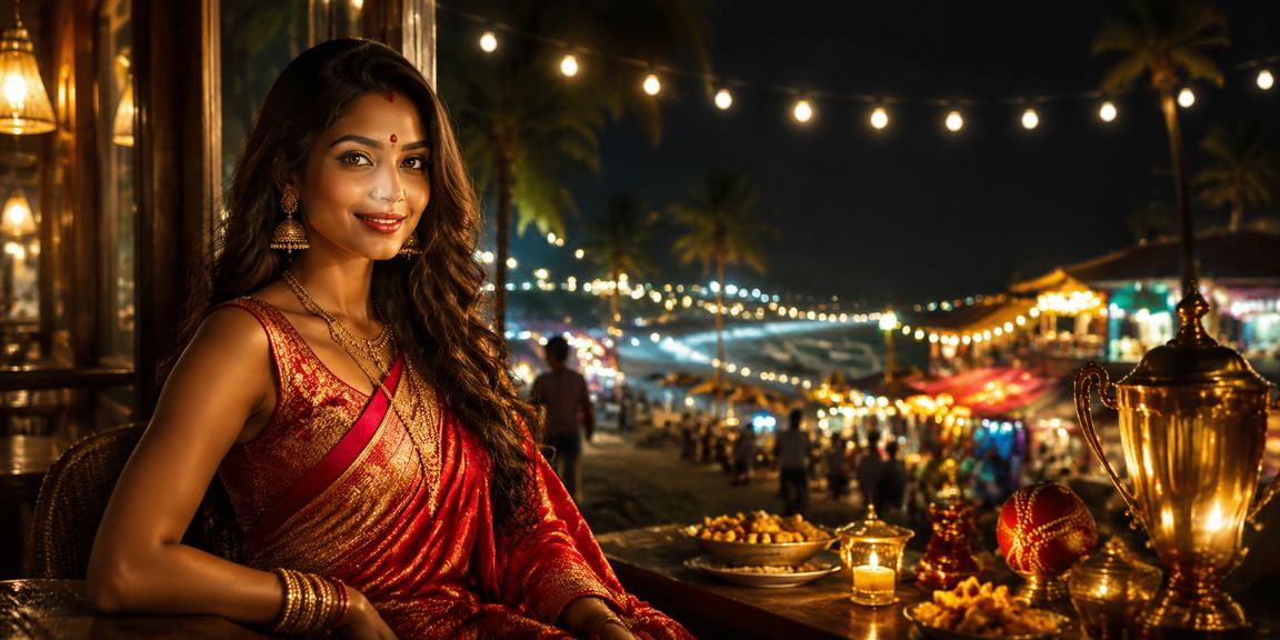 Indian woman enjoying cricket betting on mobile with festive vibes